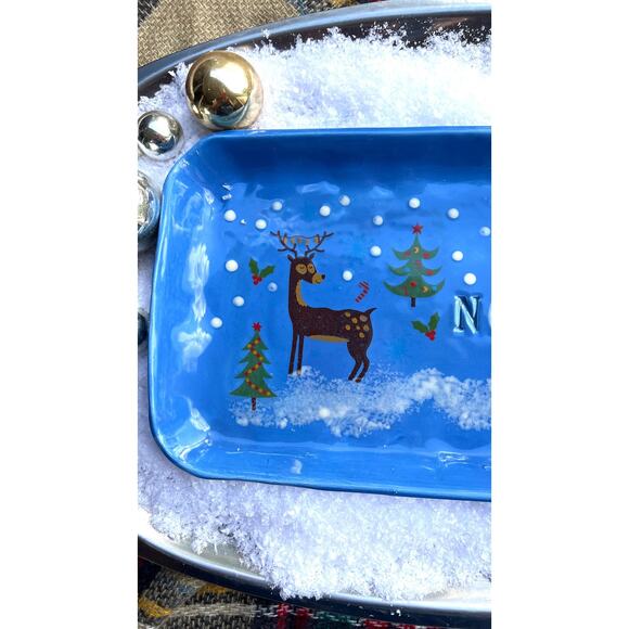 Reindeers Snow with the words NOEL/Blue Rectangular Serving Dish or Jewelry Dish - Picture 3 of 10